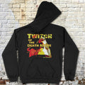 Black hoodie with graphic design on a textured wall background
