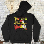 Black hoodie with graphic design on a textured wall background