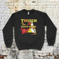 Twitch of the Death Nerve sweatshirt with bold yellow and red horror-themed graphic on black fabric against brick wall background