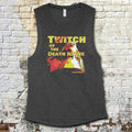 Twitch of the Death Nerve muscle tank with vintage horror movie poster style graphic in bold yellow and red tones on dark fabric