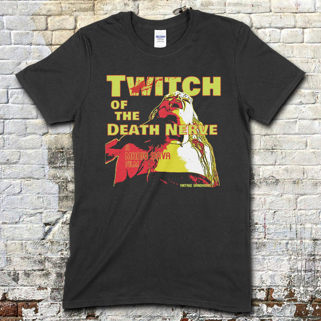 Black t-shirt with Twitch of the Death Nerve graphic design and text on a brick wall background