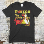 Black t-shirt with Twitch of the Death Nerve graphic design and text on a brick wall background