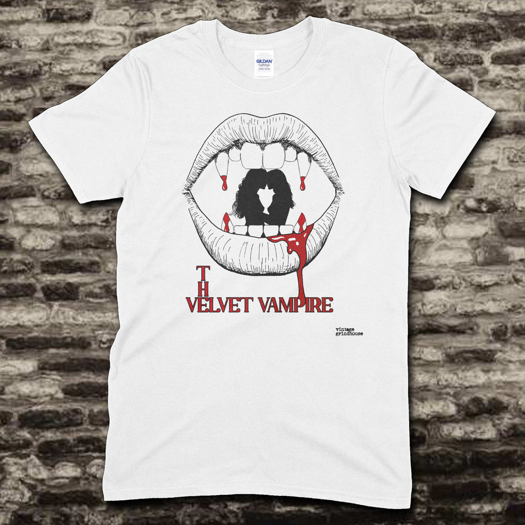 White t-shirt featuring a black and white graphic of lips with blood dripping and The Velvet Vampire text in red on front