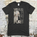 Venus in Furs t-shirt in black with large distressed text featuring vintage script and artistic splatter design