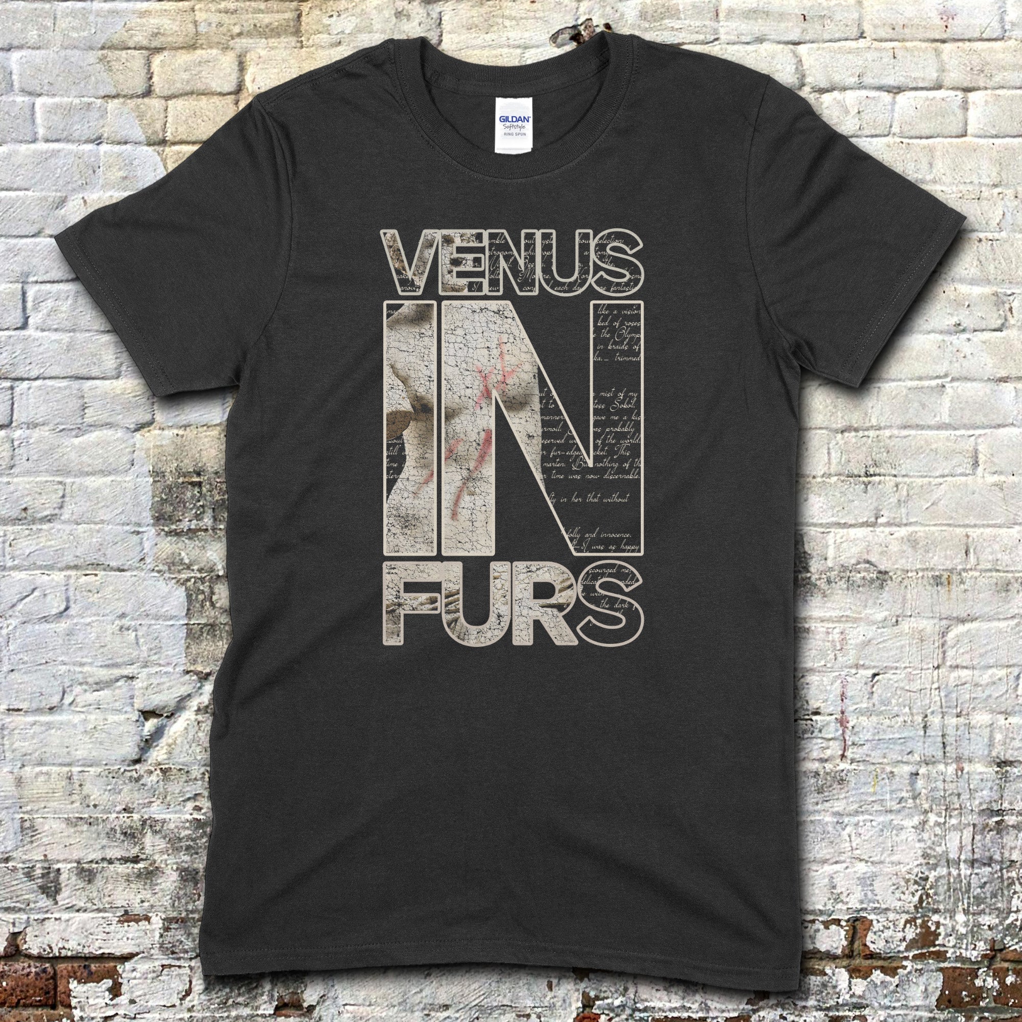 Venus in Furs t-shirt in black with large distressed text featuring vintage script and artistic splatter design
