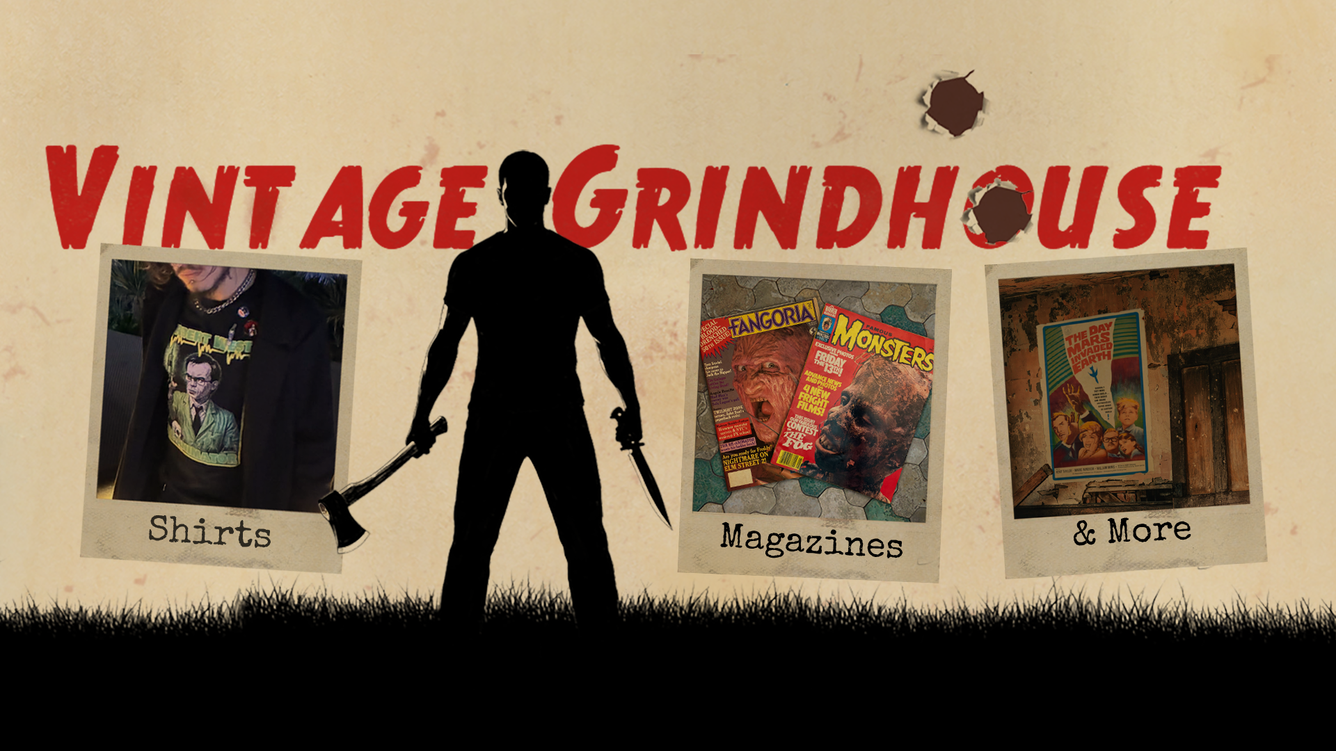 Vintage Grindhouse advertisement with a silhouette of a man holding an axe, surrounded by posters for shirts and magazines.