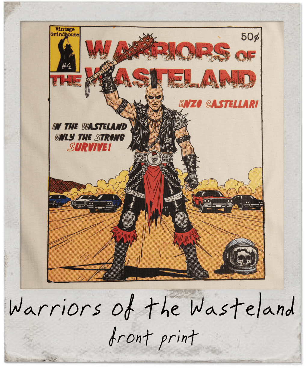 Illustration of a warrior in a desert landscape with text 'Warriors of the Wasteland' by Enzo Castellari.