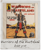 Illustration of a warrior in a desert landscape with text 'Warriors of the Wasteland' by Enzo Castellari.