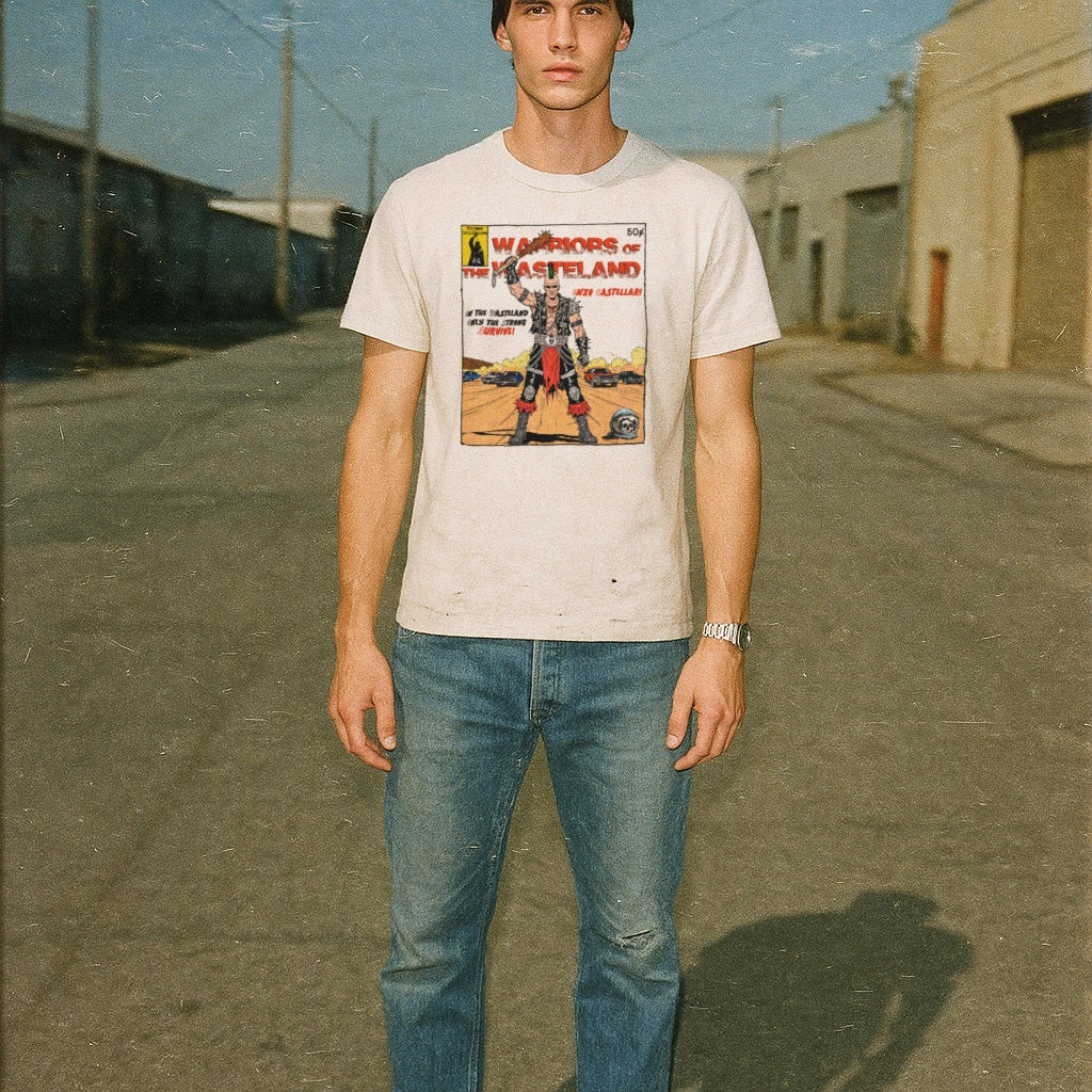 Man wearing a graphic t-shirt with a character design in an urban setting