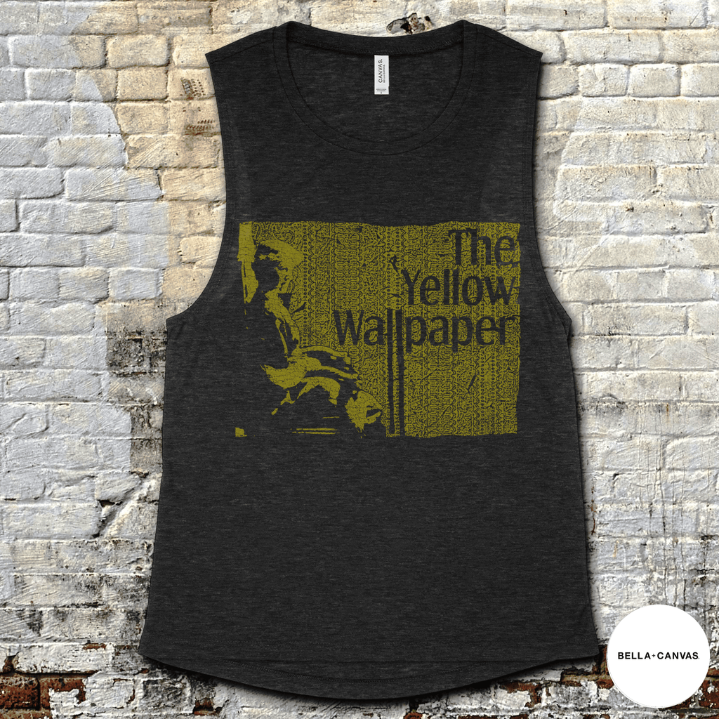 The Yellow Wallpaper muscle tank in dark fabric with vintage-style yellow graphic and distressed text design