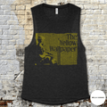 The Yellow Wallpaper muscle tank in dark fabric with vintage-style yellow graphic and distressed text design