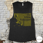 The Yellow Wallpaper muscle tank in dark fabric with vintage-style yellow graphic and distressed text design
