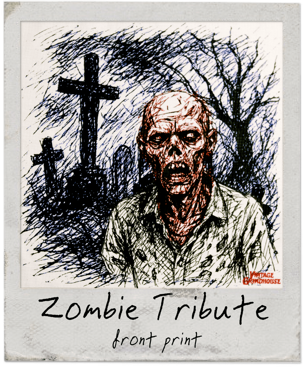 Illustration of a zombie with a cross and trees in the background, labeled 'Zombie Tribute'.
