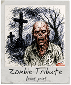 Illustration of a zombie with a cross and trees in the background, labeled 'Zombie Tribute'.