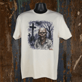 White t-shirt with a graphic design of a zombie and cross on a textured brown background