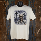 White t-shirt with a graphic design of a zombie and cross on a textured brown background