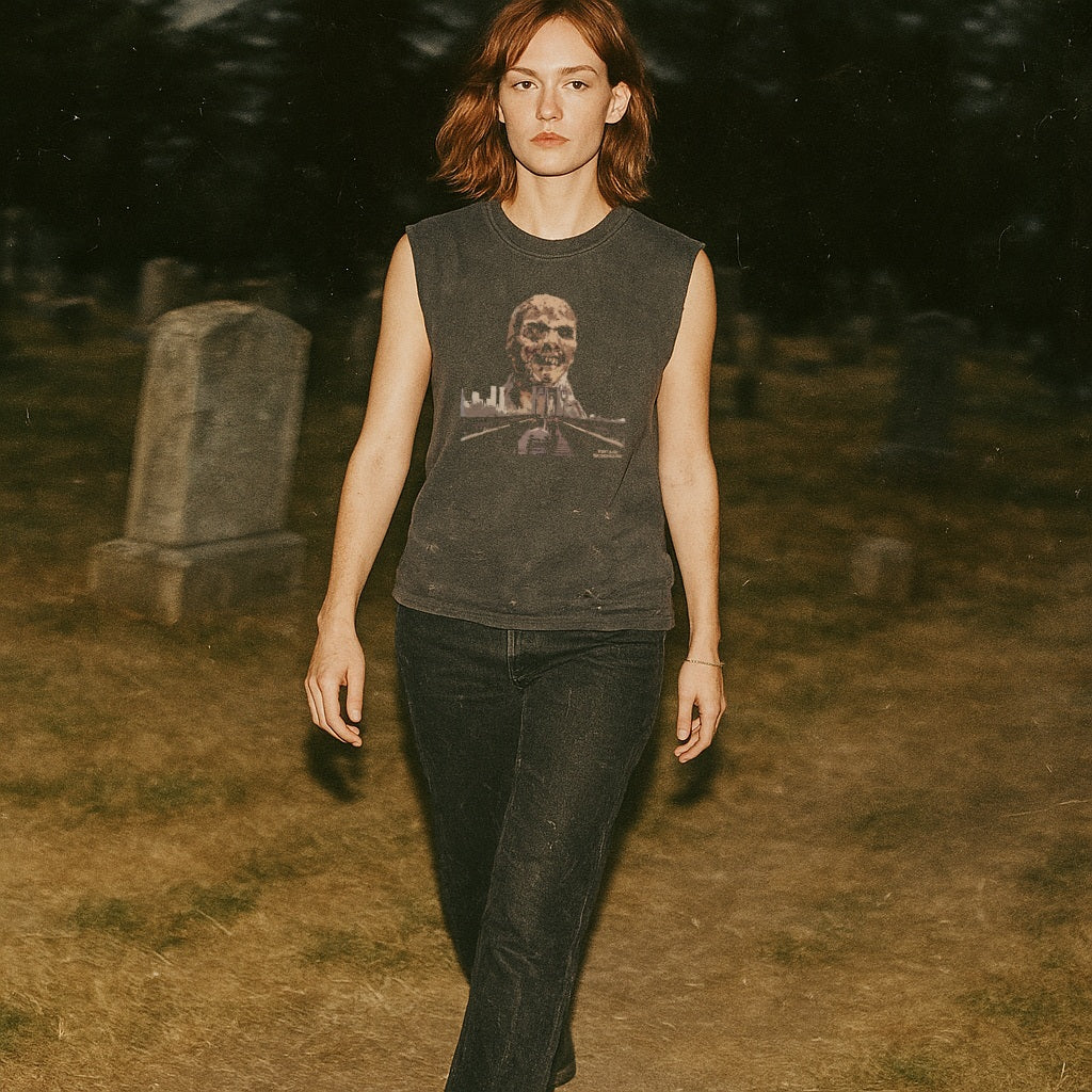 Zombi 2 muscle tank with graphic of decayed skull rising from graveyard on faded black fabric