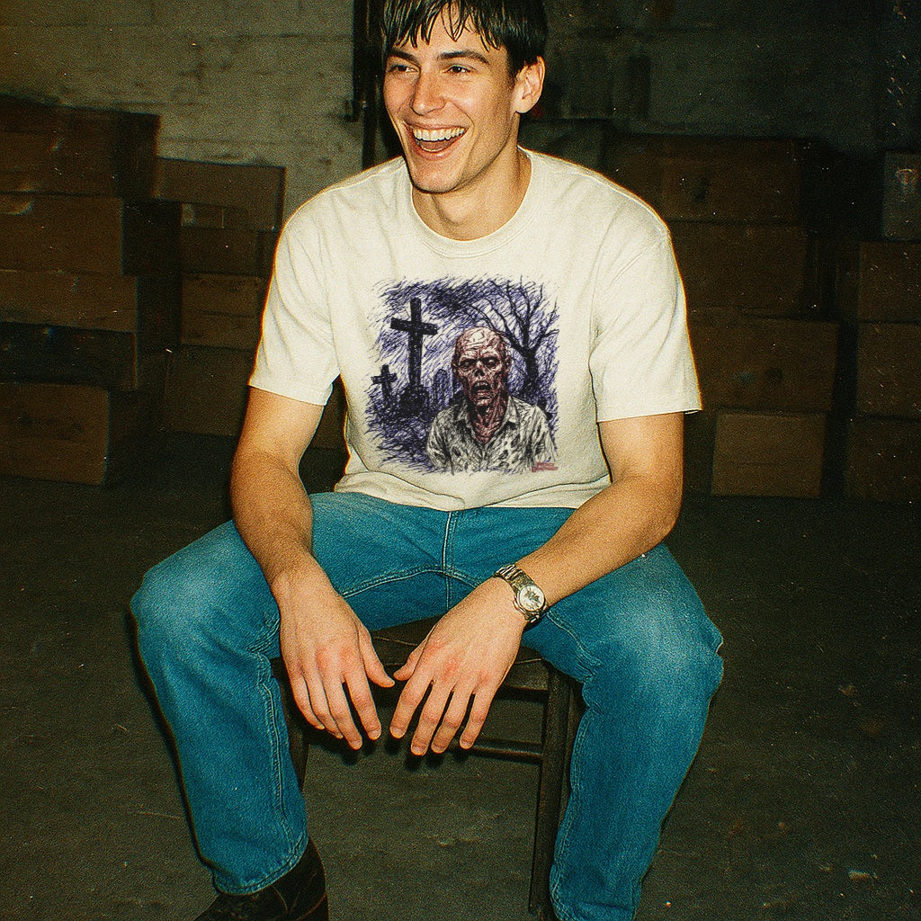 Man sitting on a stool wearing a graphic t-shirt with a zombie design in an indoor setting.