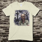 Zombie tribute t-shirt featuring hand-drawn zombie figure with graveyard and crosses in eerie nighttime scene