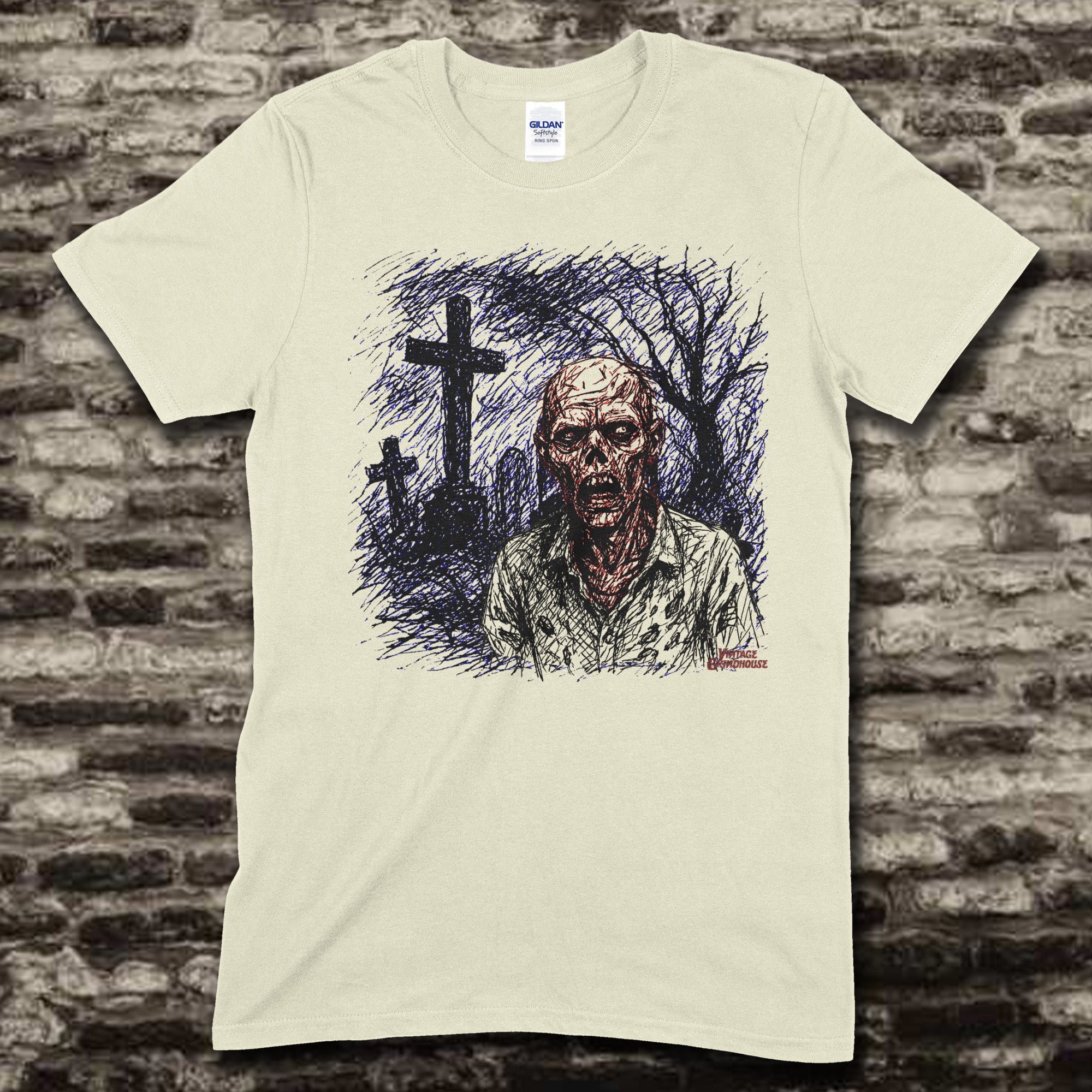 Zombie tribute t-shirt featuring hand-drawn zombie figure with graveyard and crosses in eerie nighttime scene